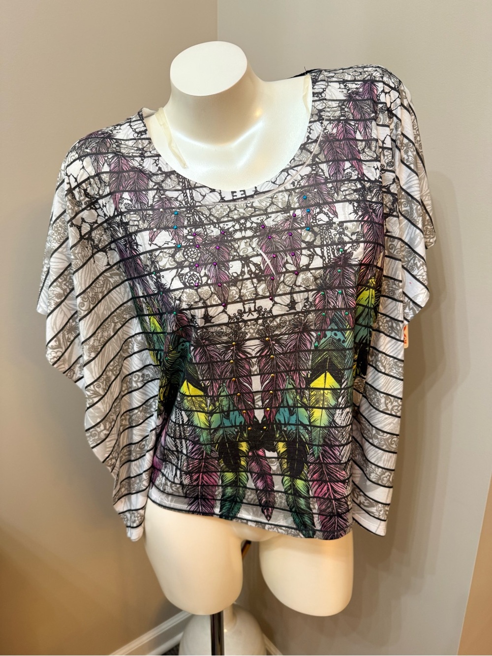 NWT Bongo Y2K Inspired Native Boho Rhinestones Lace Back Kimono sleeve Sz XL